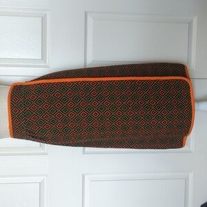 Vintage Geometric Patterned Wrap Skirt with Orange Trim